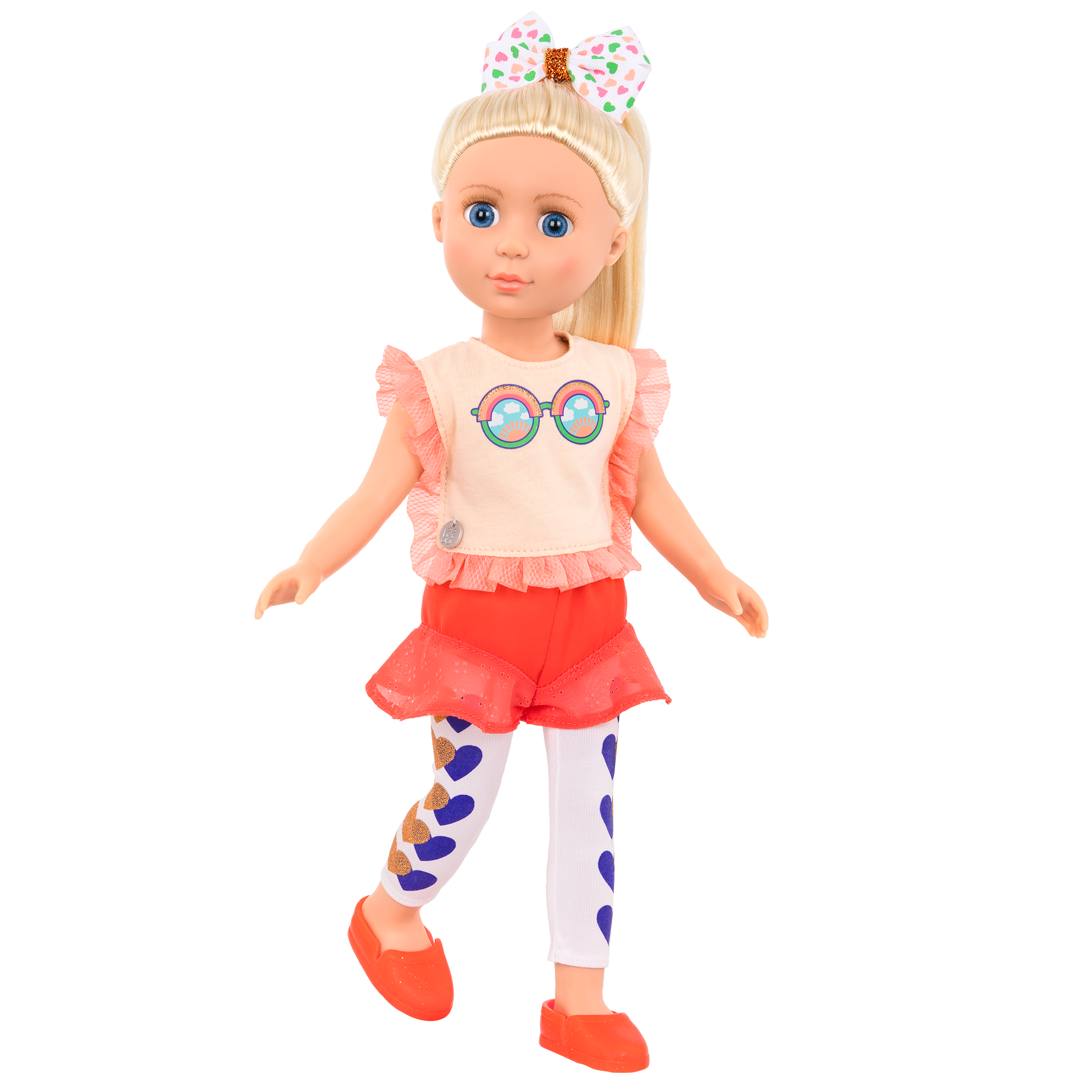 14-inch posable doll with blonde hair and blue eyes