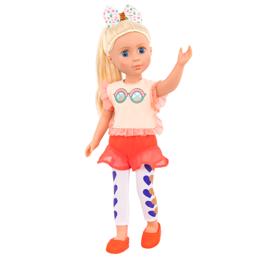 14-inch posable doll with blonde hair and blue eyes