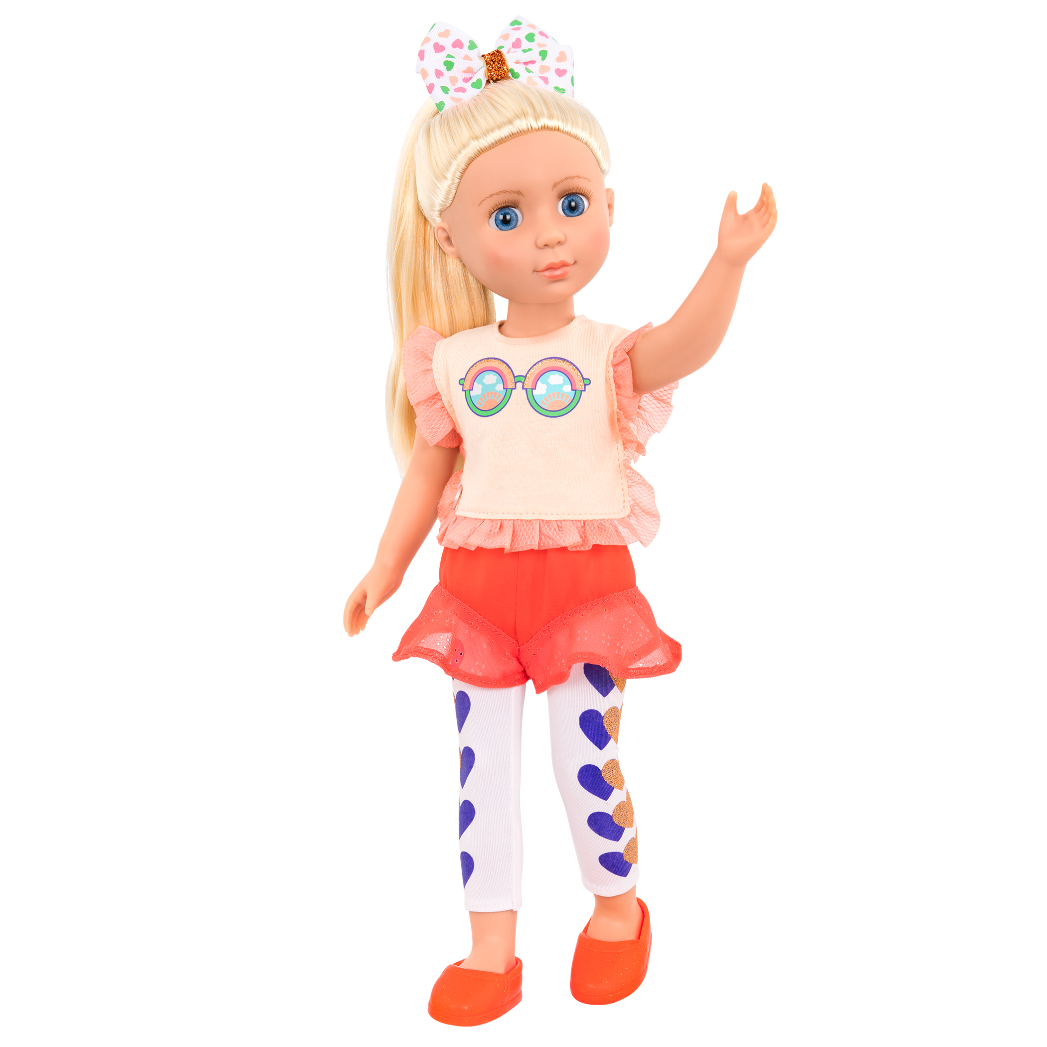 14-inch posable doll with blonde hair and blue eyes