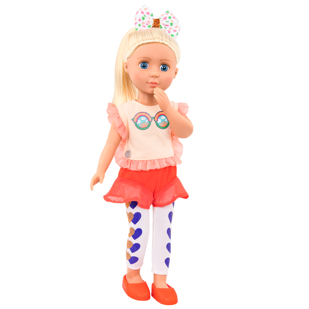 14-inch posable doll with blonde hair and blue eyes