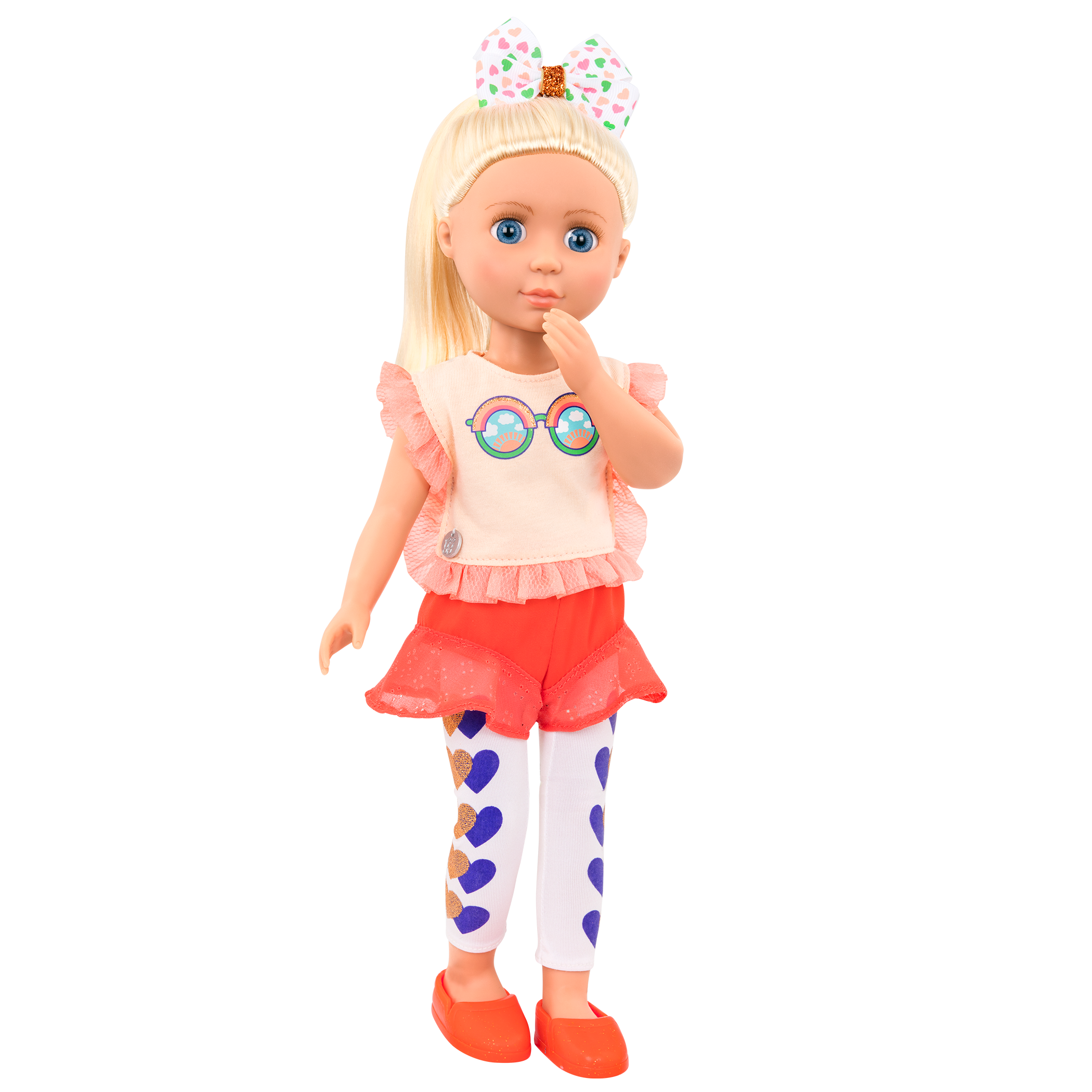 14-inch posable doll with blonde hair and blue eyes