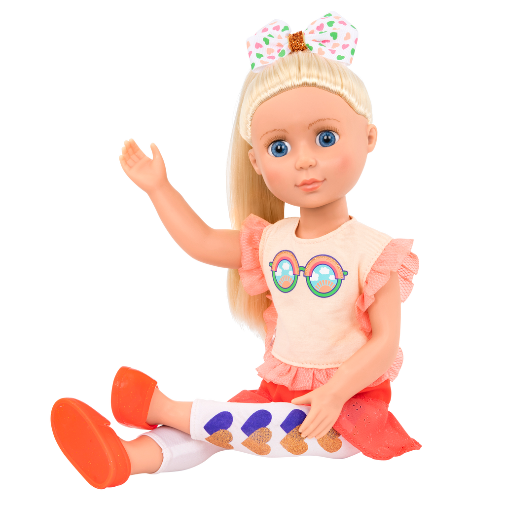 14-inch posable doll with blonde hair and blue eyes