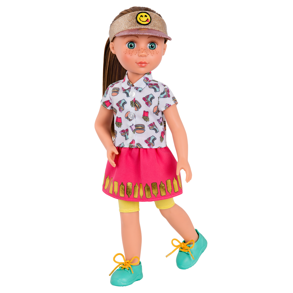 14-inch posable doll with brown hair and blue eyes