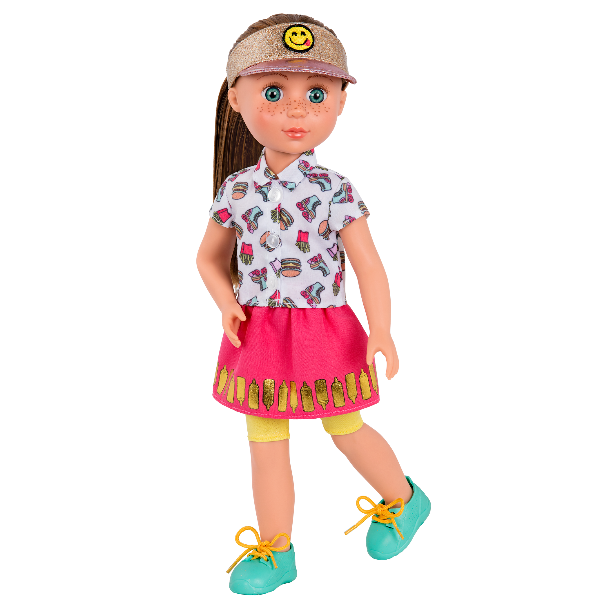 14-inch posable doll with brown hair and blue eyes