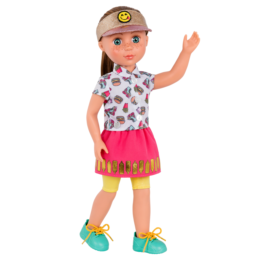 14-inch posable doll with brown hair and blue eyes