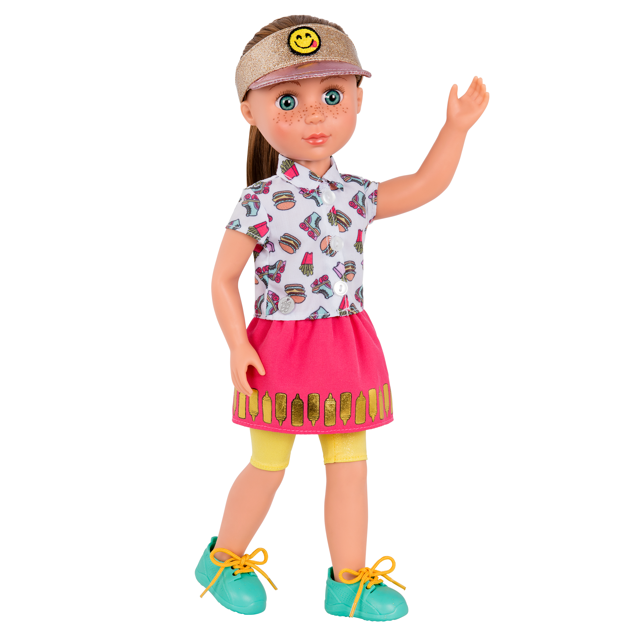 14-inch posable doll with brown hair and blue eyes