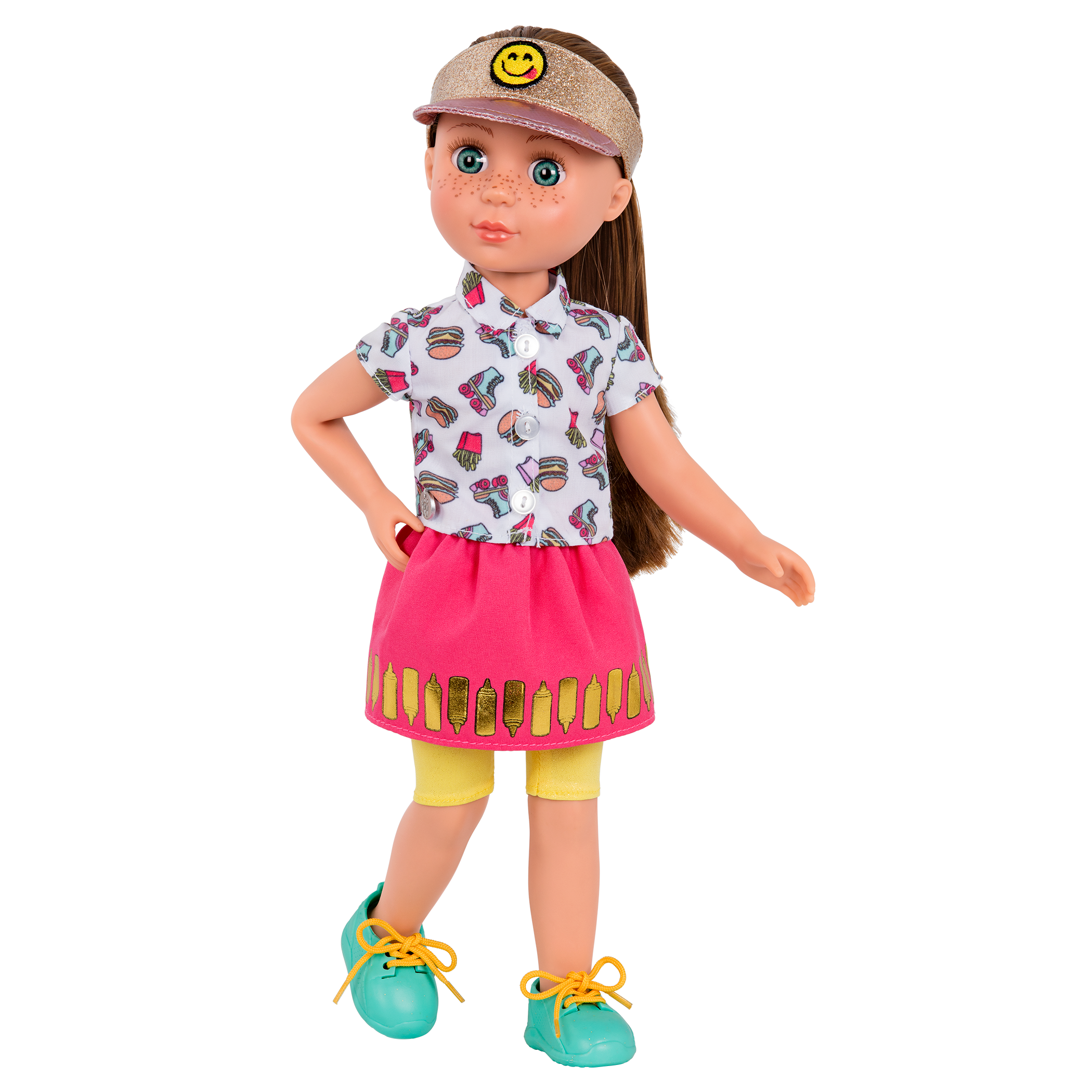 14-inch posable doll with brown hair and blue eyes