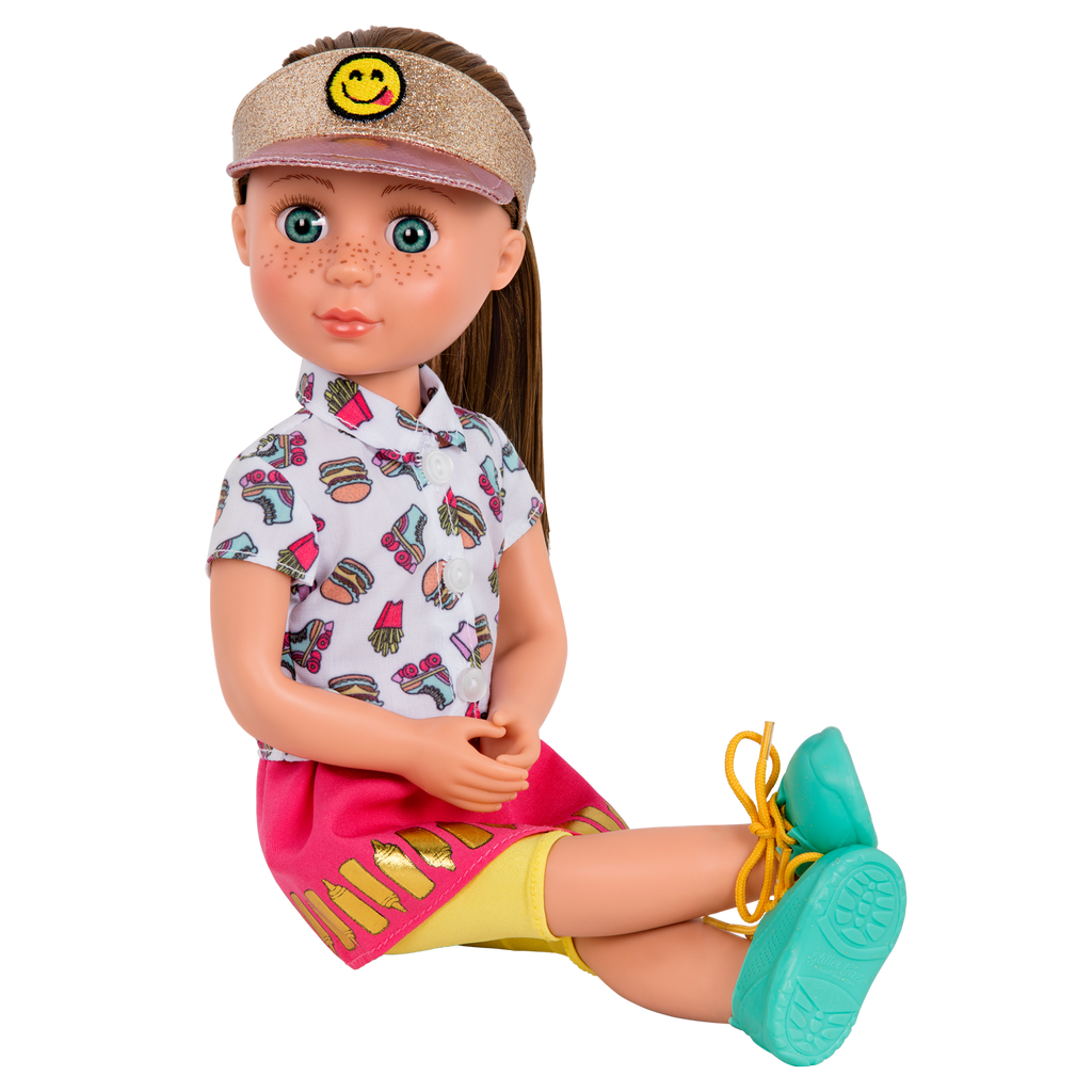 14-inch posable doll with brown hair and blue eyes