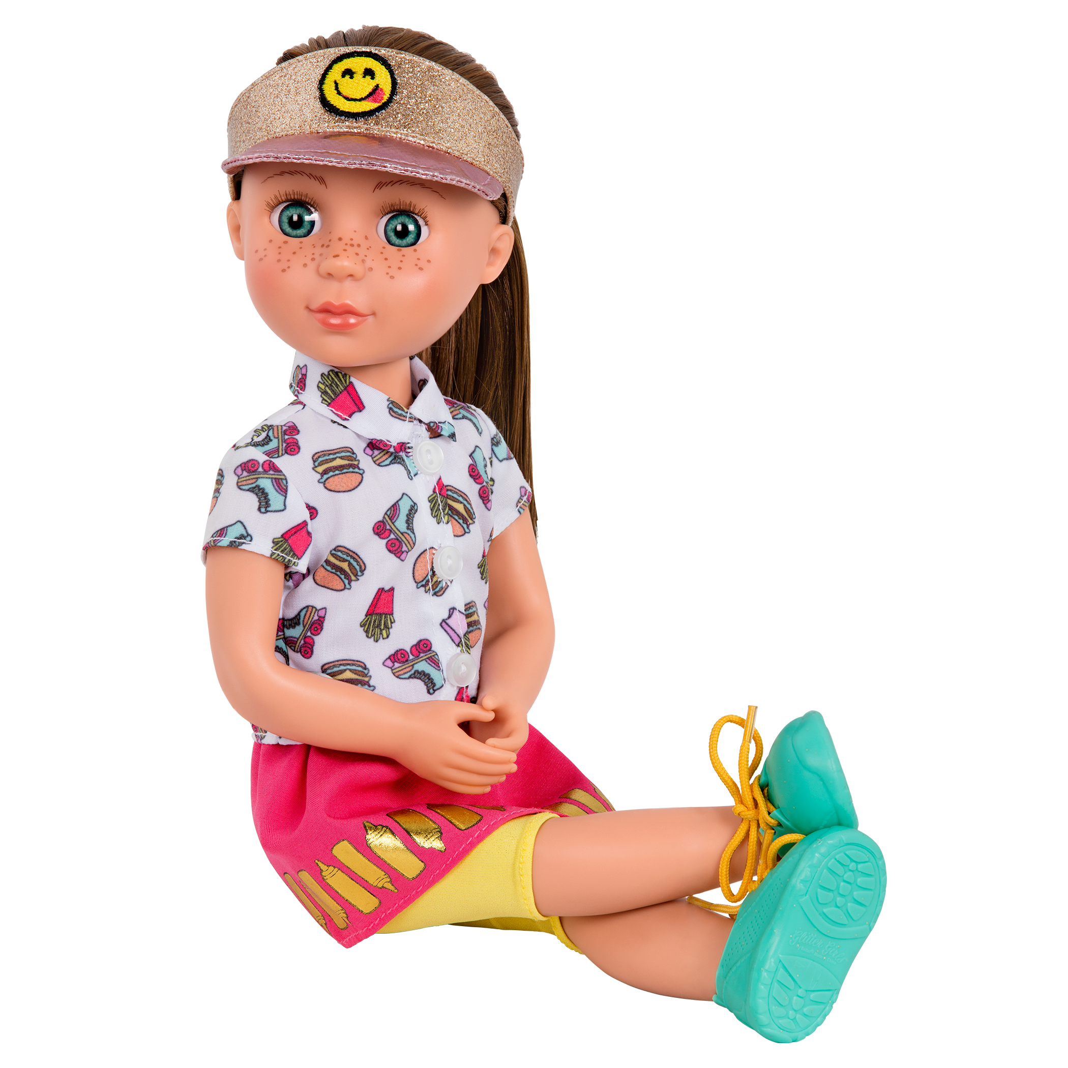 14-inch posable doll with brown hair and blue eyes