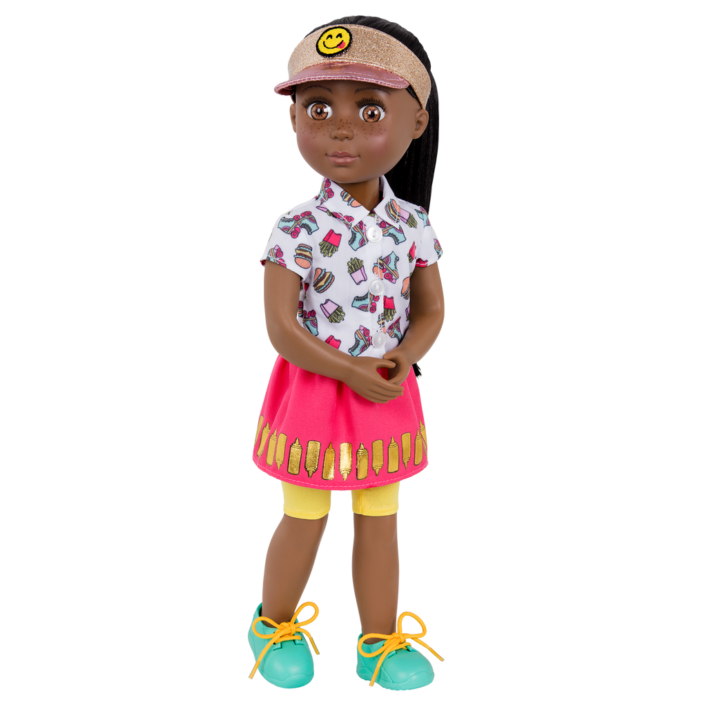 14-inch posable doll with brown hair and brown eyes