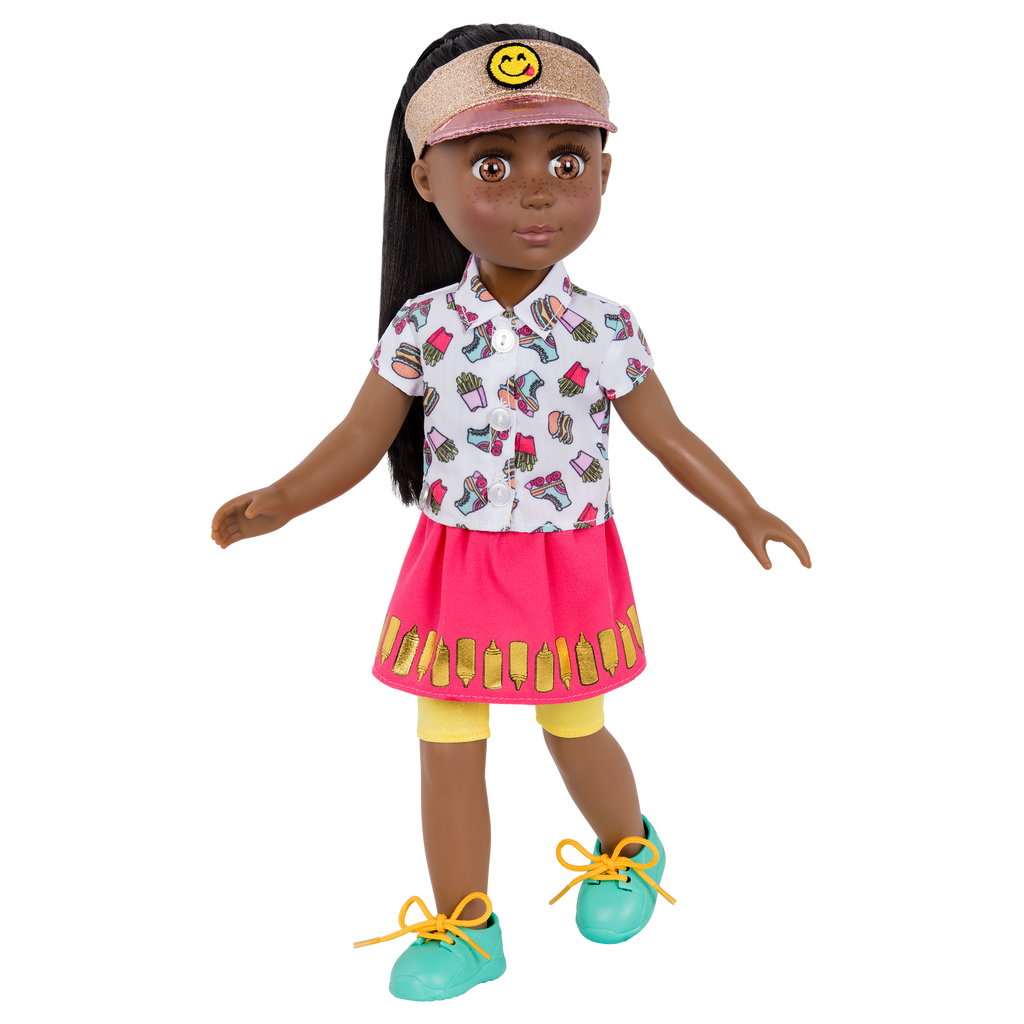 14-inch posable doll with brown hair and brown eyes