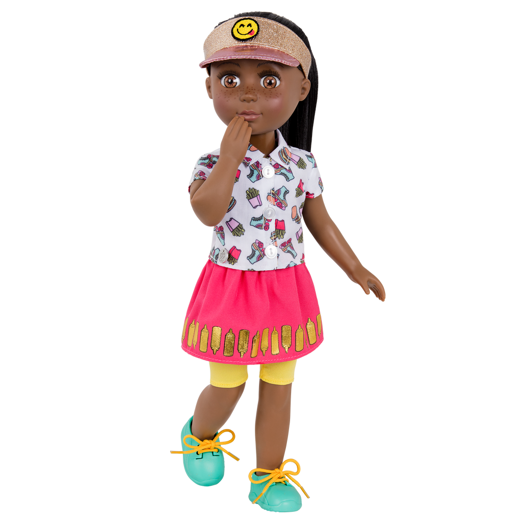 14-inch posable doll with brown hair and brown eyes