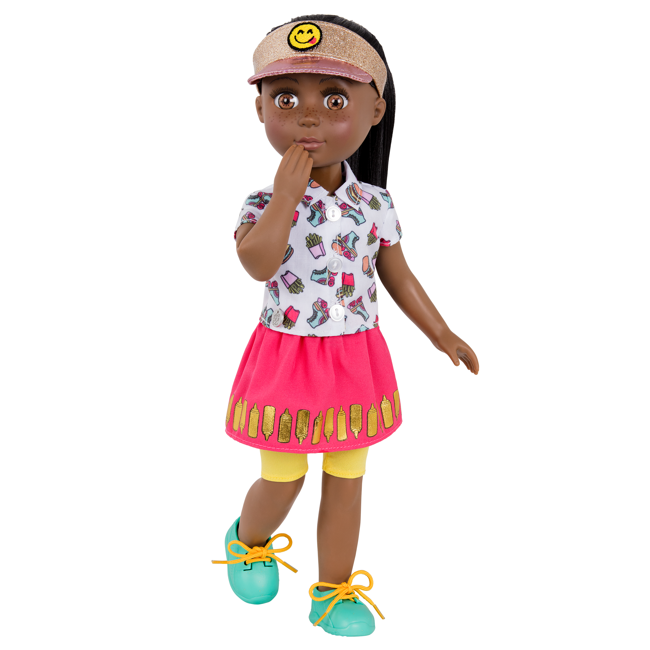 14-inch posable doll with brown hair and brown eyes