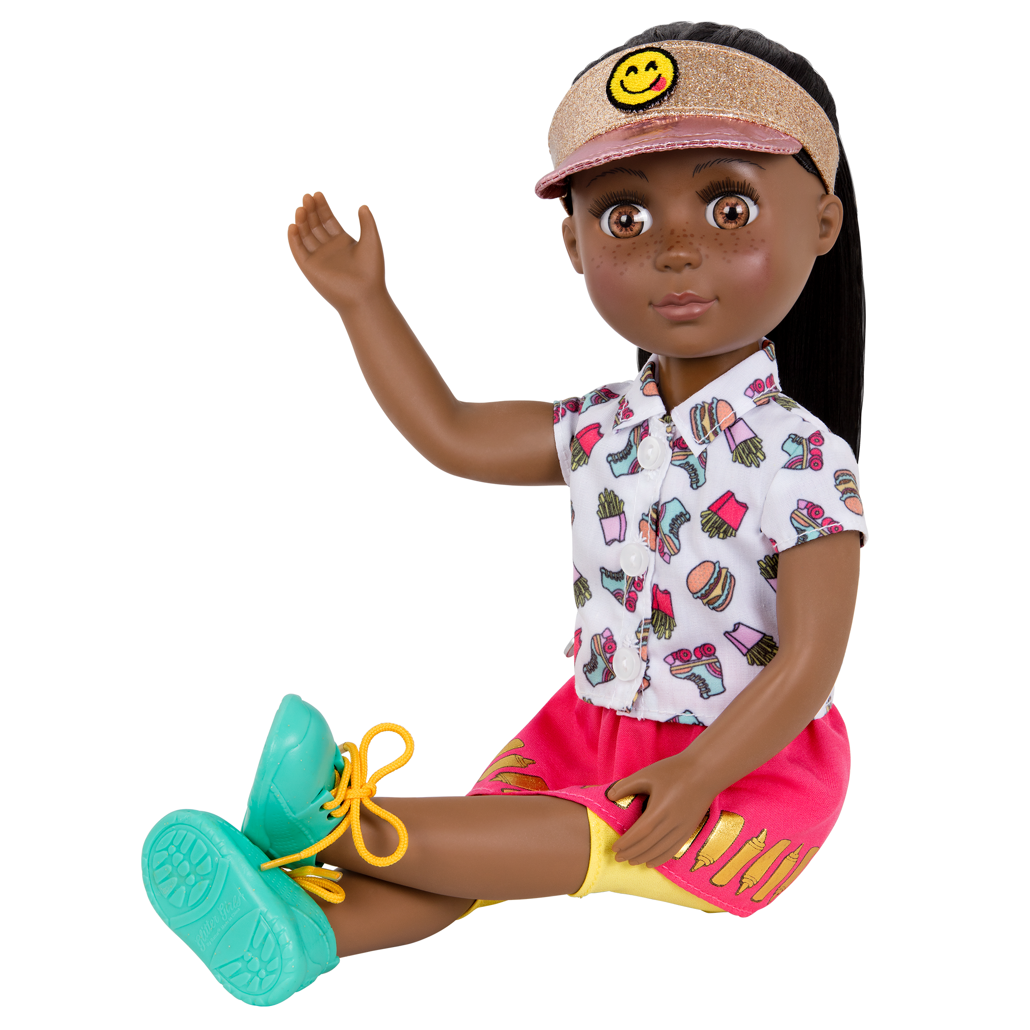 14-inch posable doll with brown hair and brown eyes