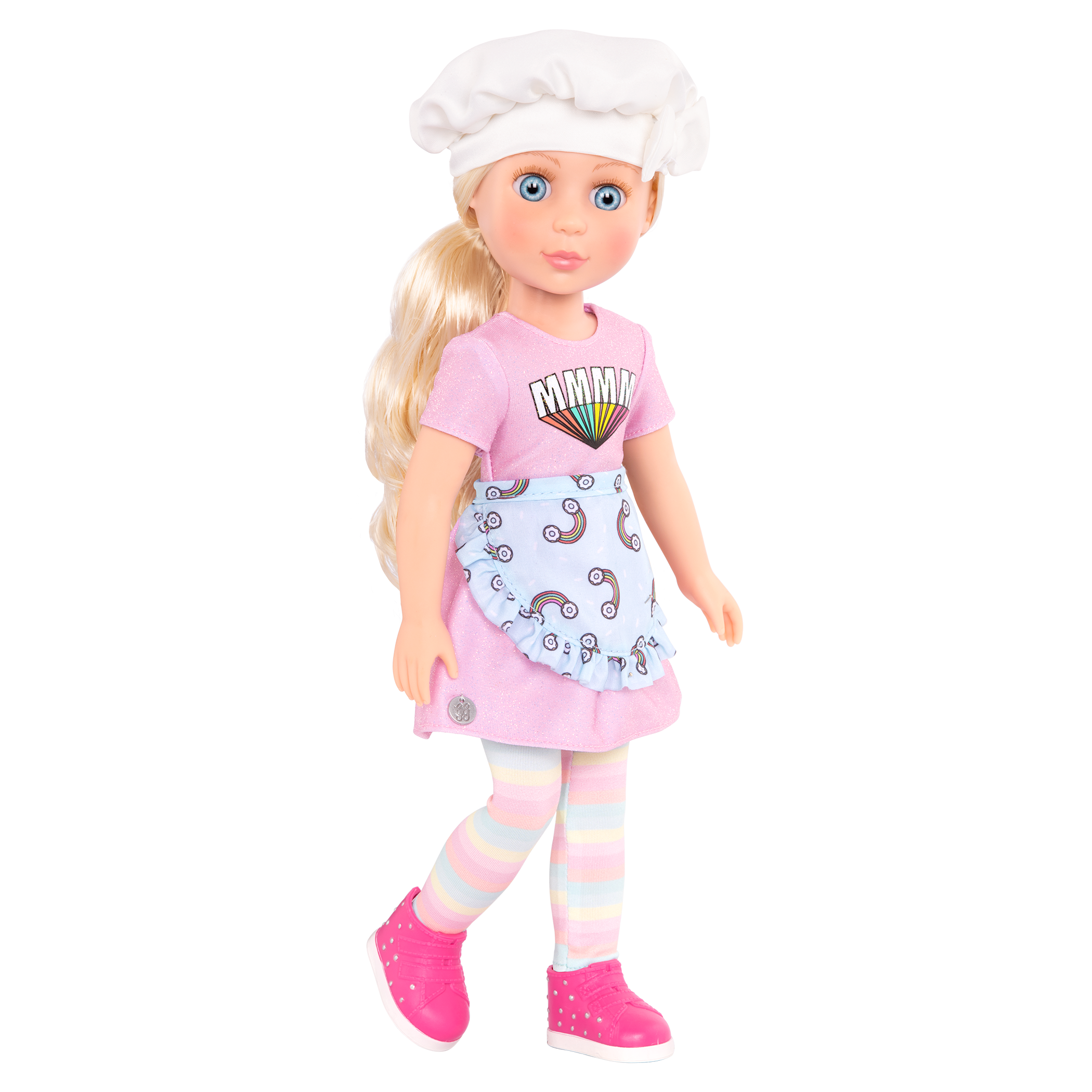 14-inch posable doll with blonde hair and blue eyes