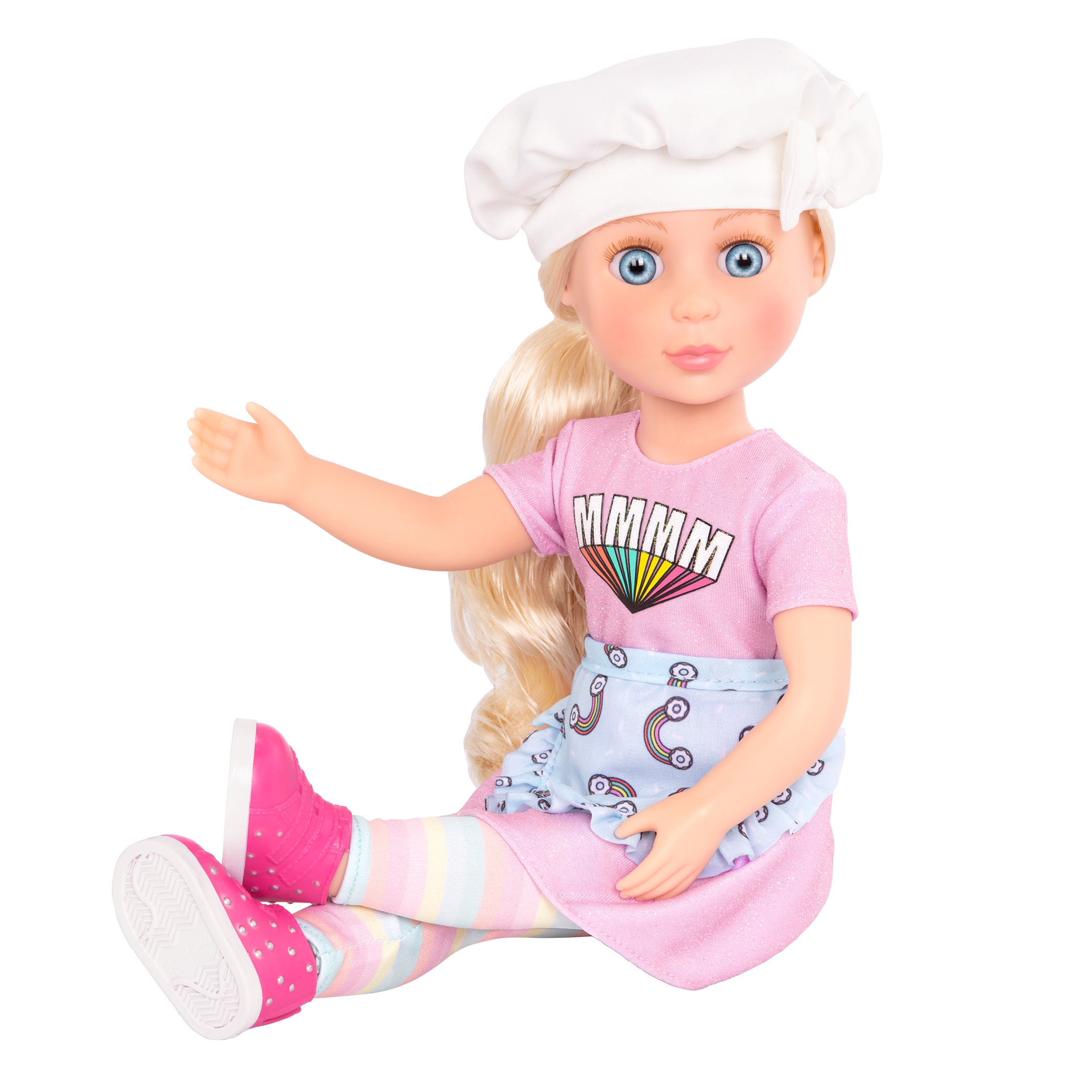 14-inch posable doll with blonde hair and blue eyes