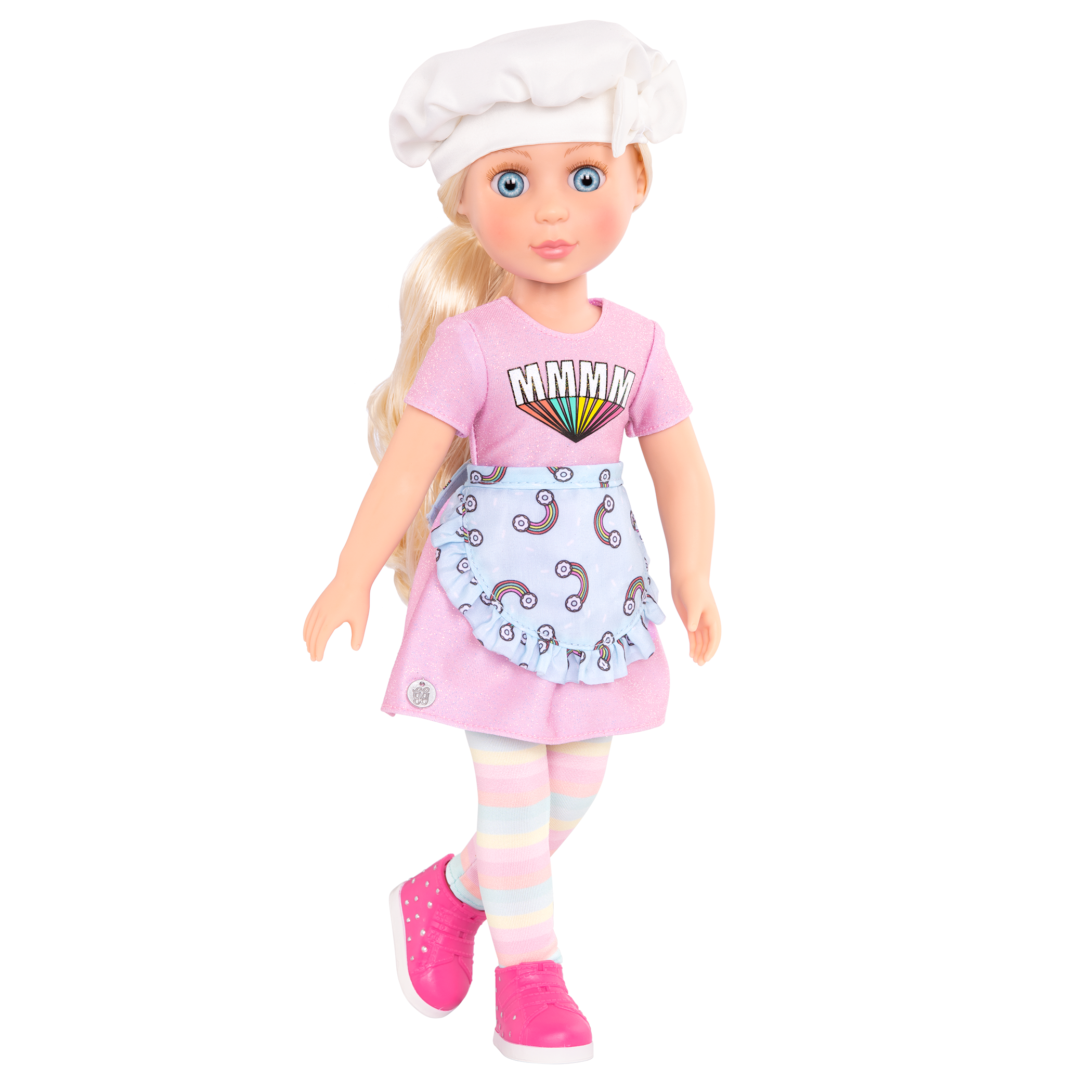 14-inch posable doll with blonde hair and blue eyes