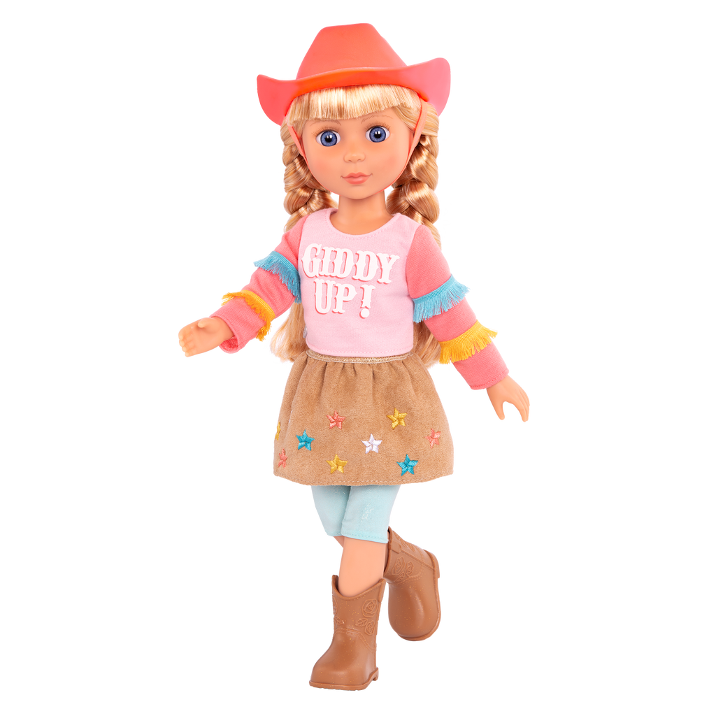 14-inch posable doll with blonde hair and blue eyes