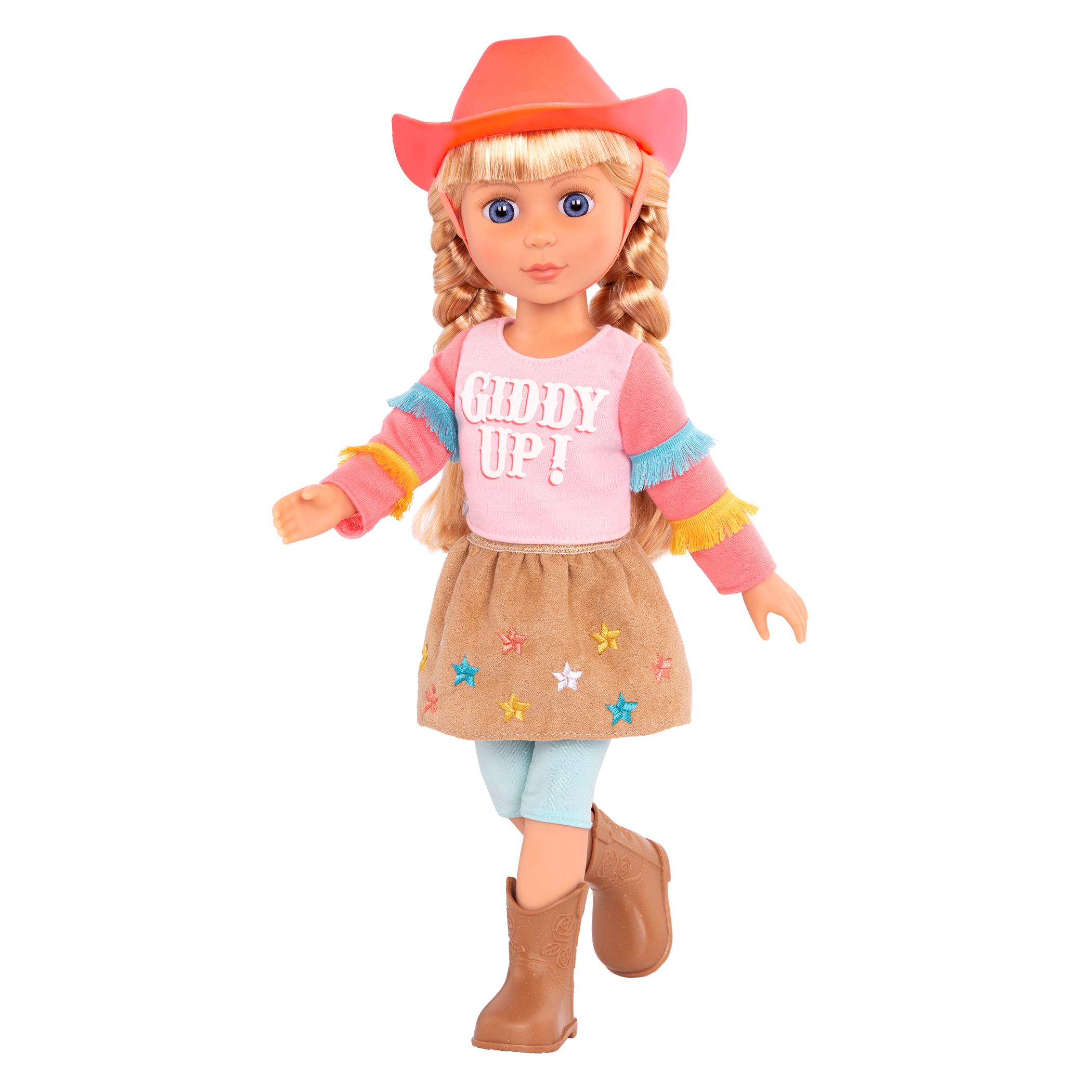 14-inch posable doll with blonde hair and blue eyes