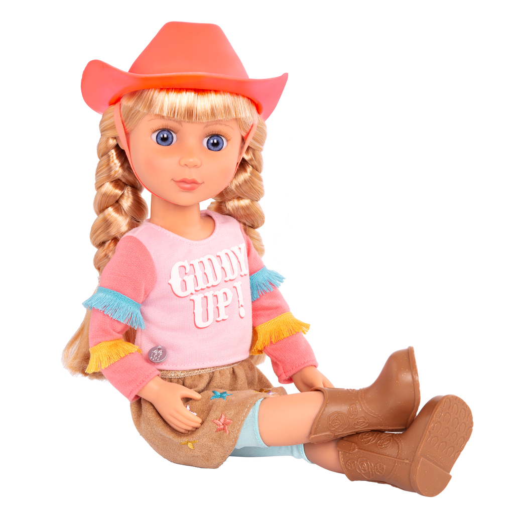 14-inch posable doll with blonde hair and blue eyes