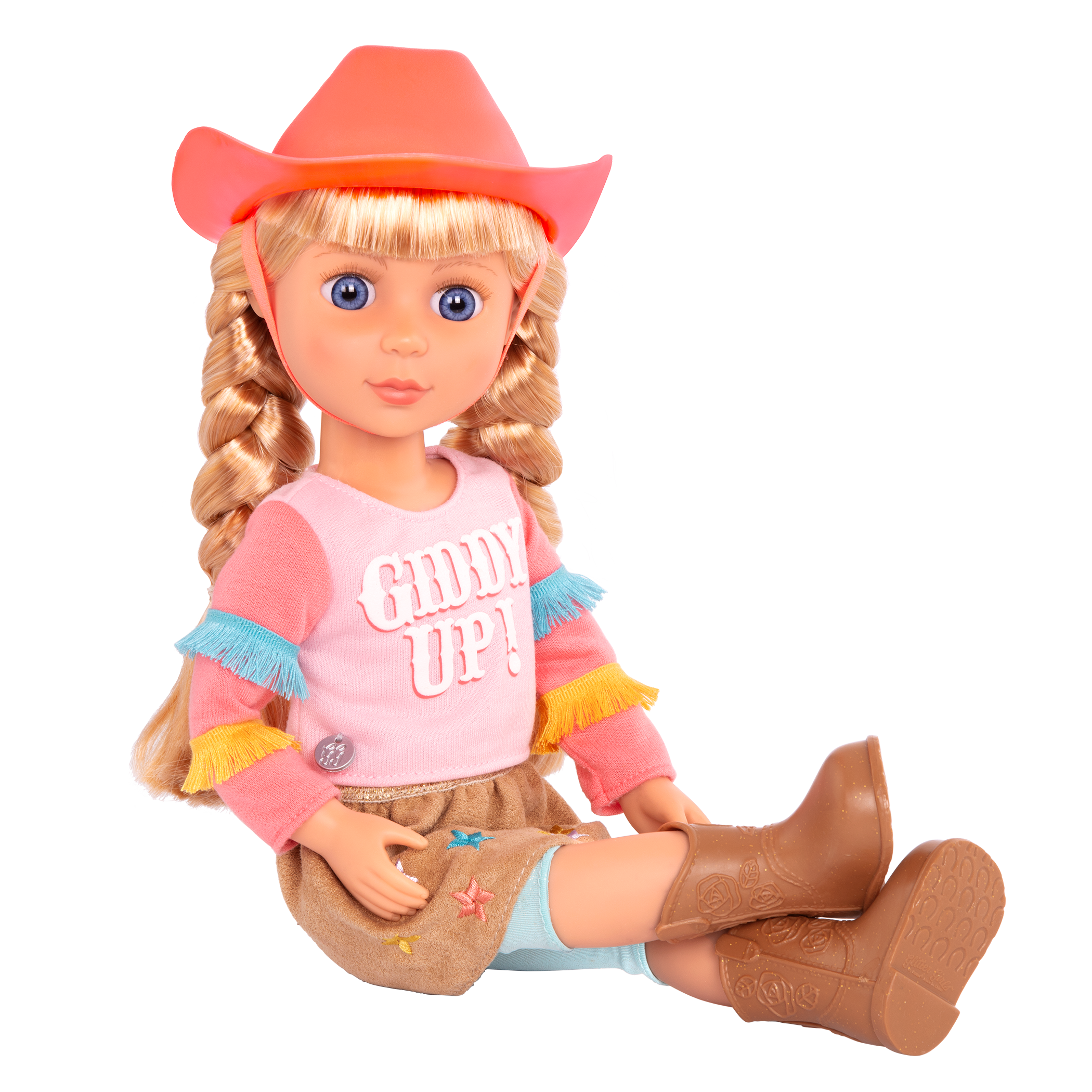 14-inch posable doll with blonde hair and blue eyes