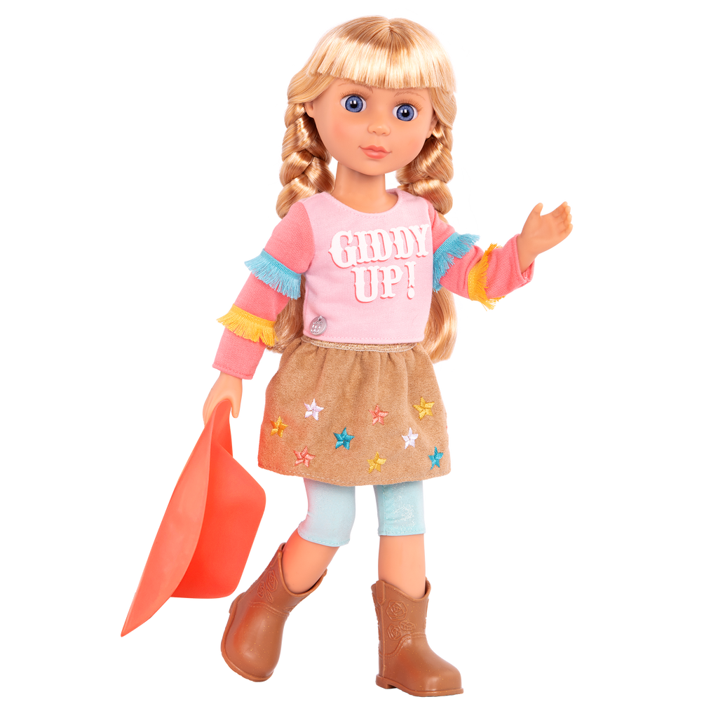 14-inch posable doll with blonde hair and blue eyes