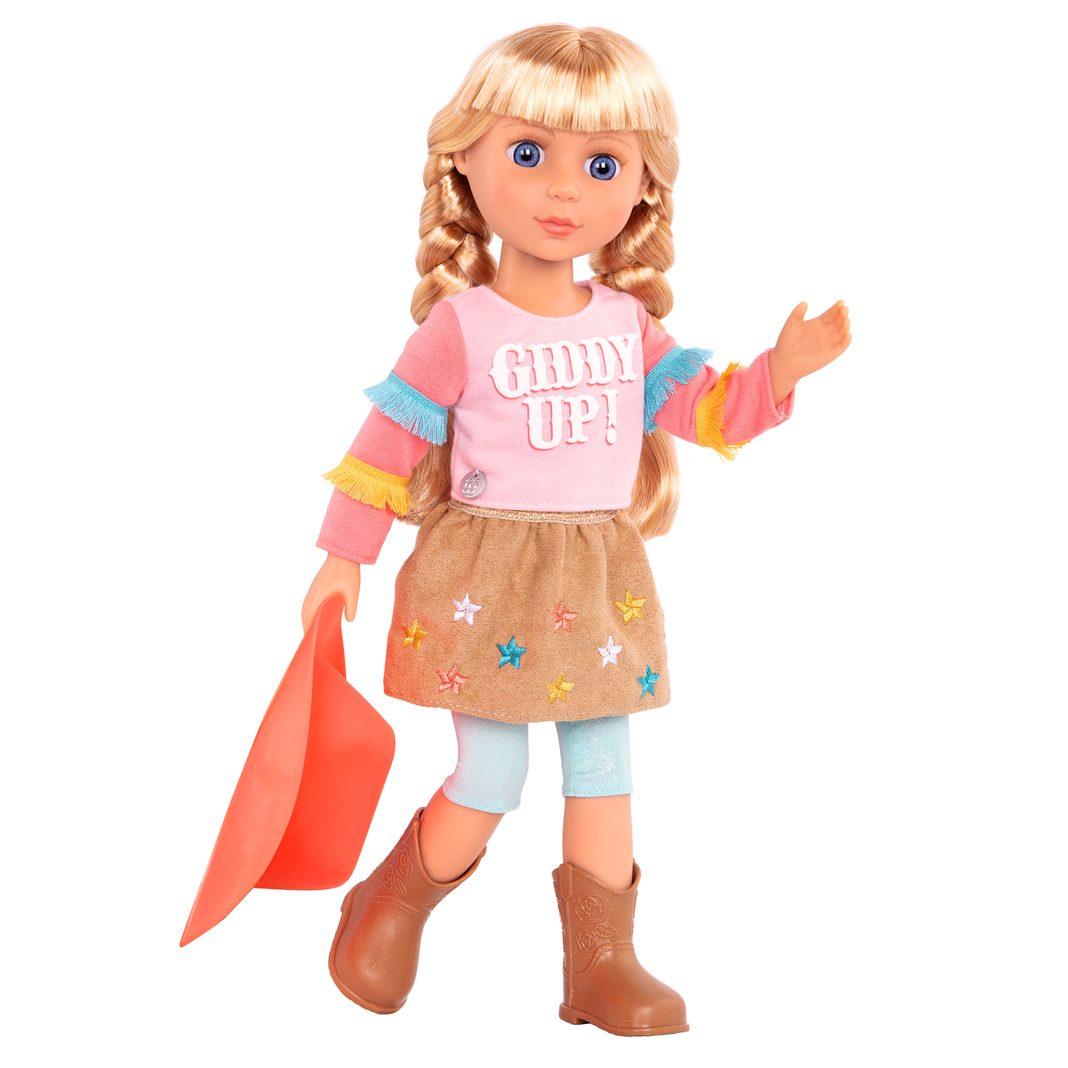 14-inch posable doll with blonde hair and blue eyes