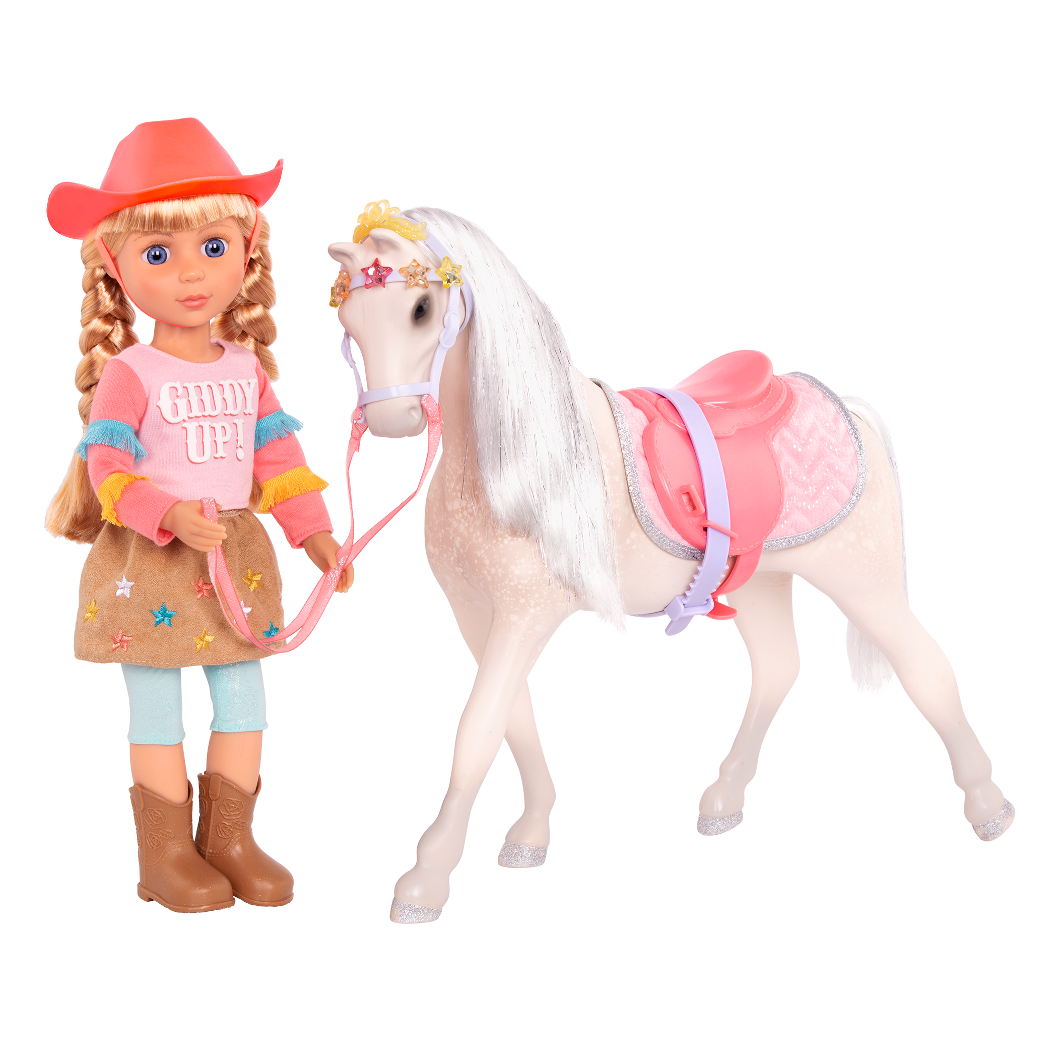 14-inch posable doll with blonde hair and blue eyes