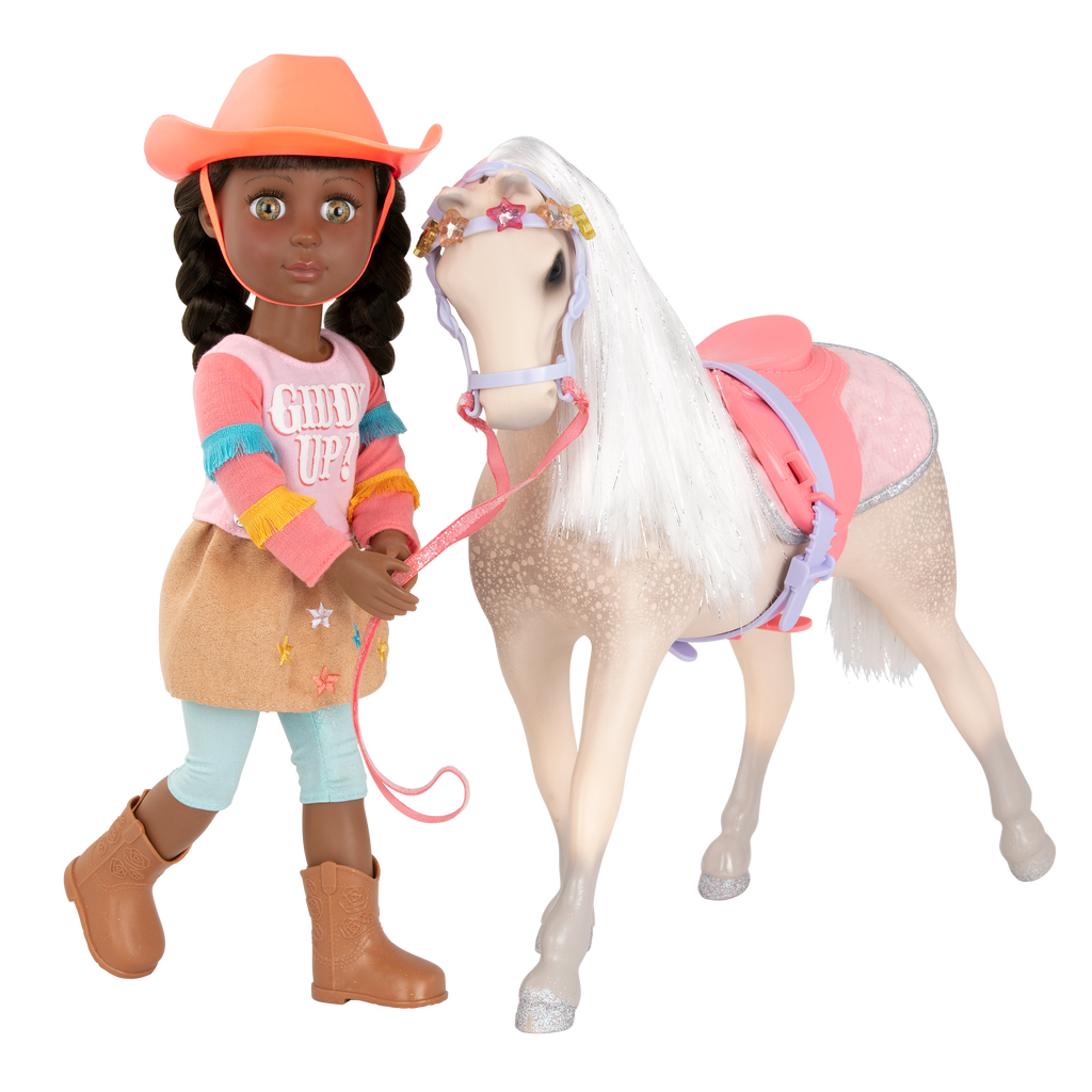 14-inch posable doll with brown hair and green eyes