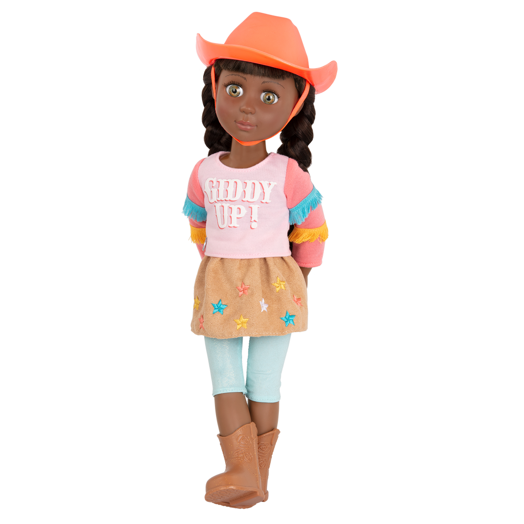 14-inch posable doll with brown hair and green eyes
