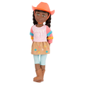 14-inch posable doll with brown hair and green eyes
