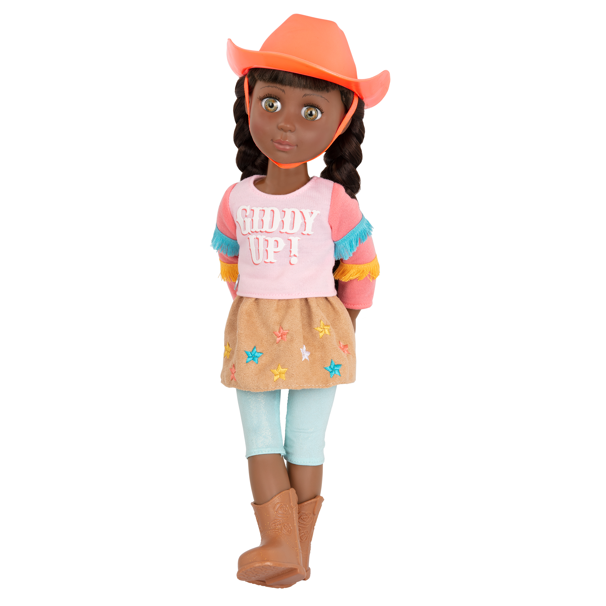14-inch posable doll with brown hair and green eyes