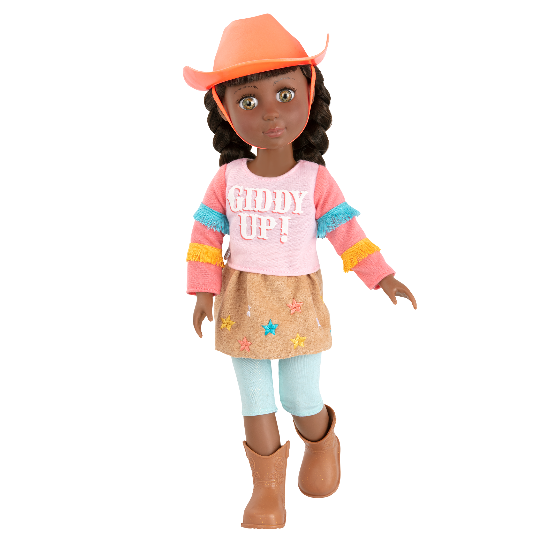 14-inch posable doll with brown hair and green eyes