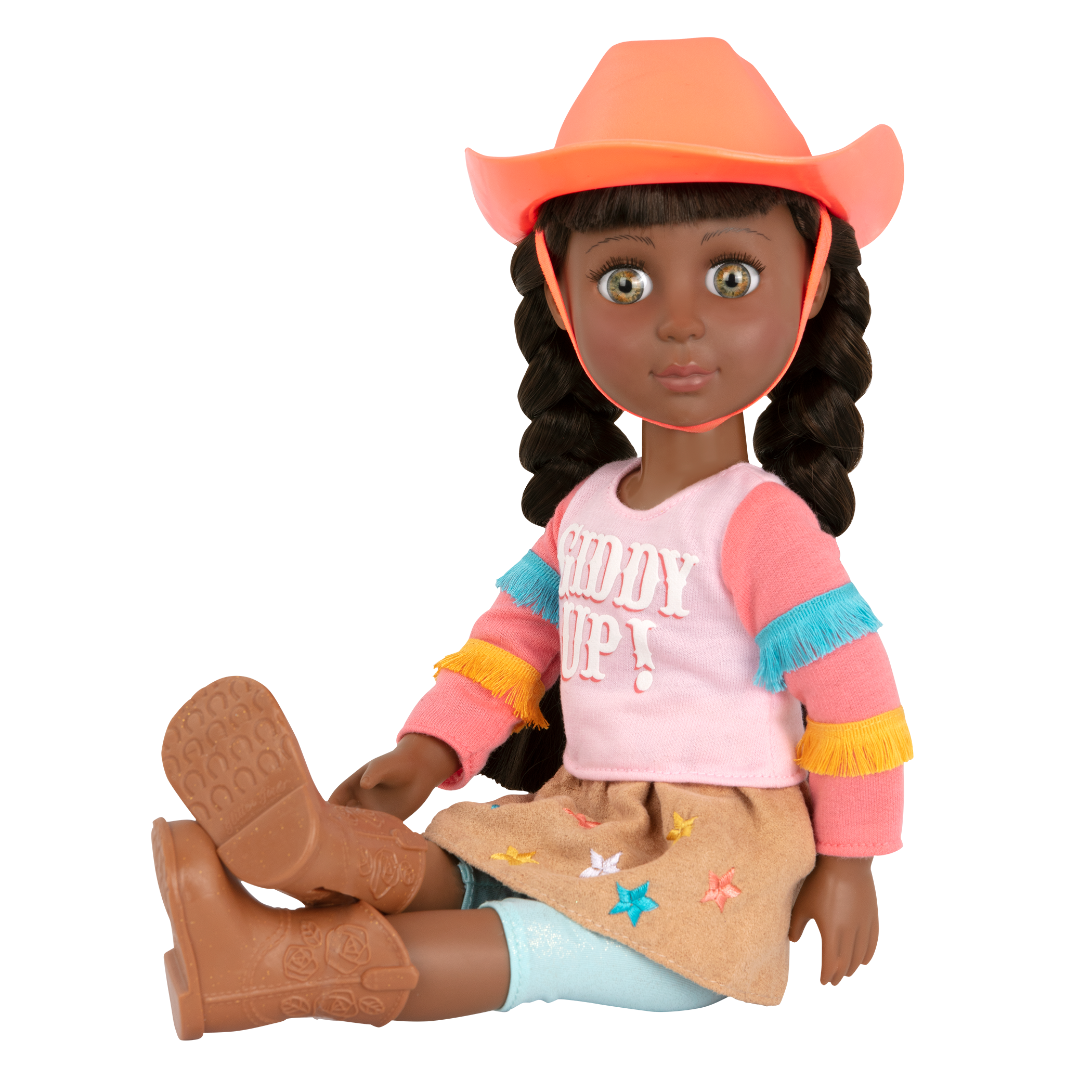 14-inch posable doll with brown hair and green eyes