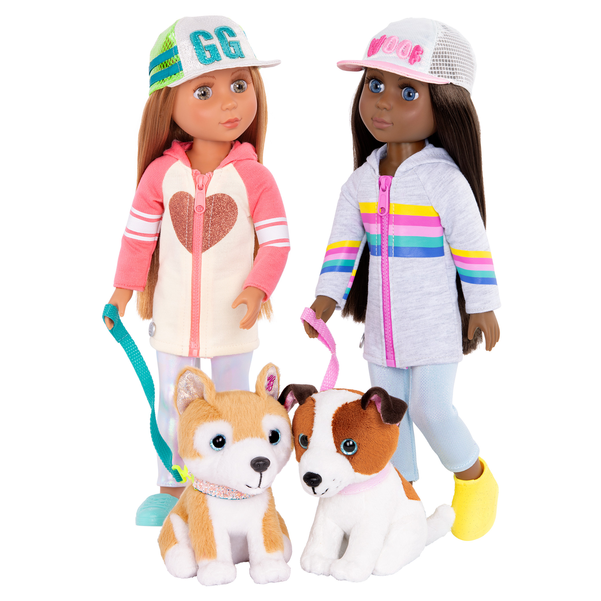 14-inch posable doll with light brown hair and green eyes walking Shiba Inu dog plushie