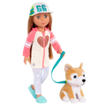 14-inch posable doll with light brown hair and green eyes walking Shiba Inu dog plushie