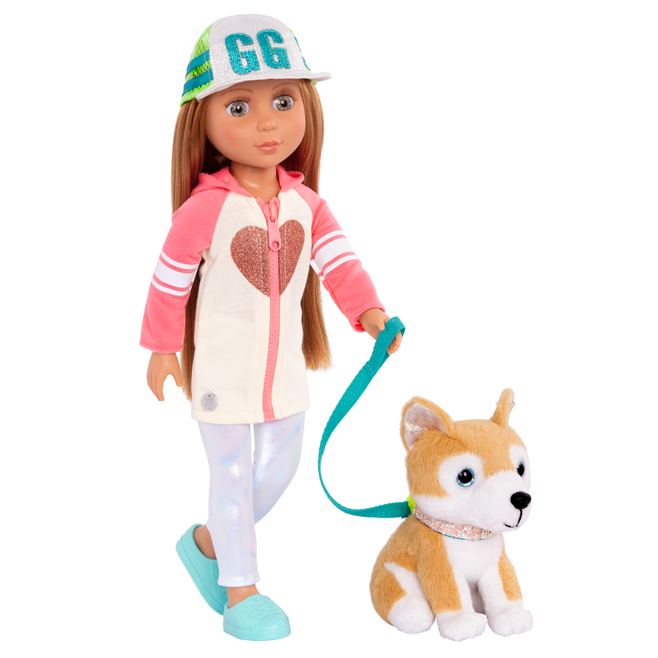 14-inch posable doll with light brown hair and green eyes walking Shiba Inu dog plushie