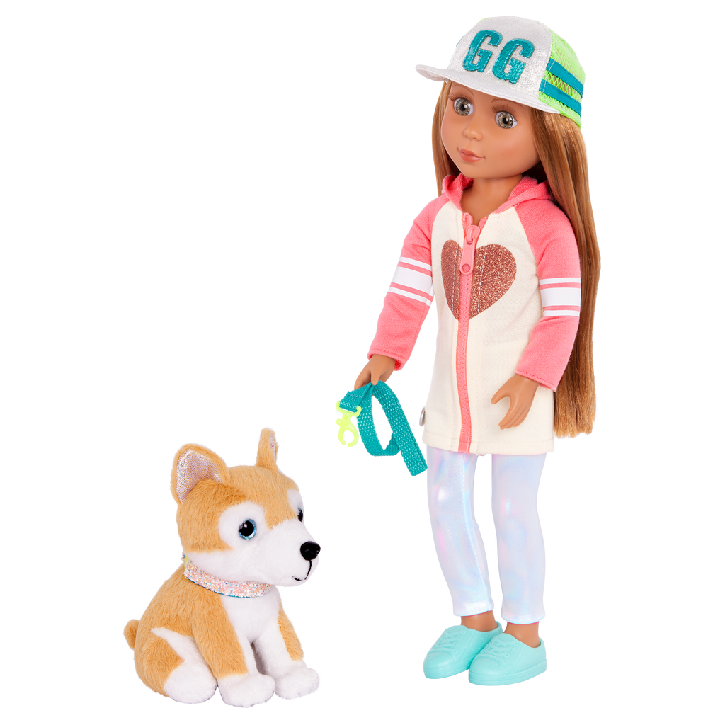 14-inch posable doll with light brown hair and green eyes walking Shiba Inu dog plushie