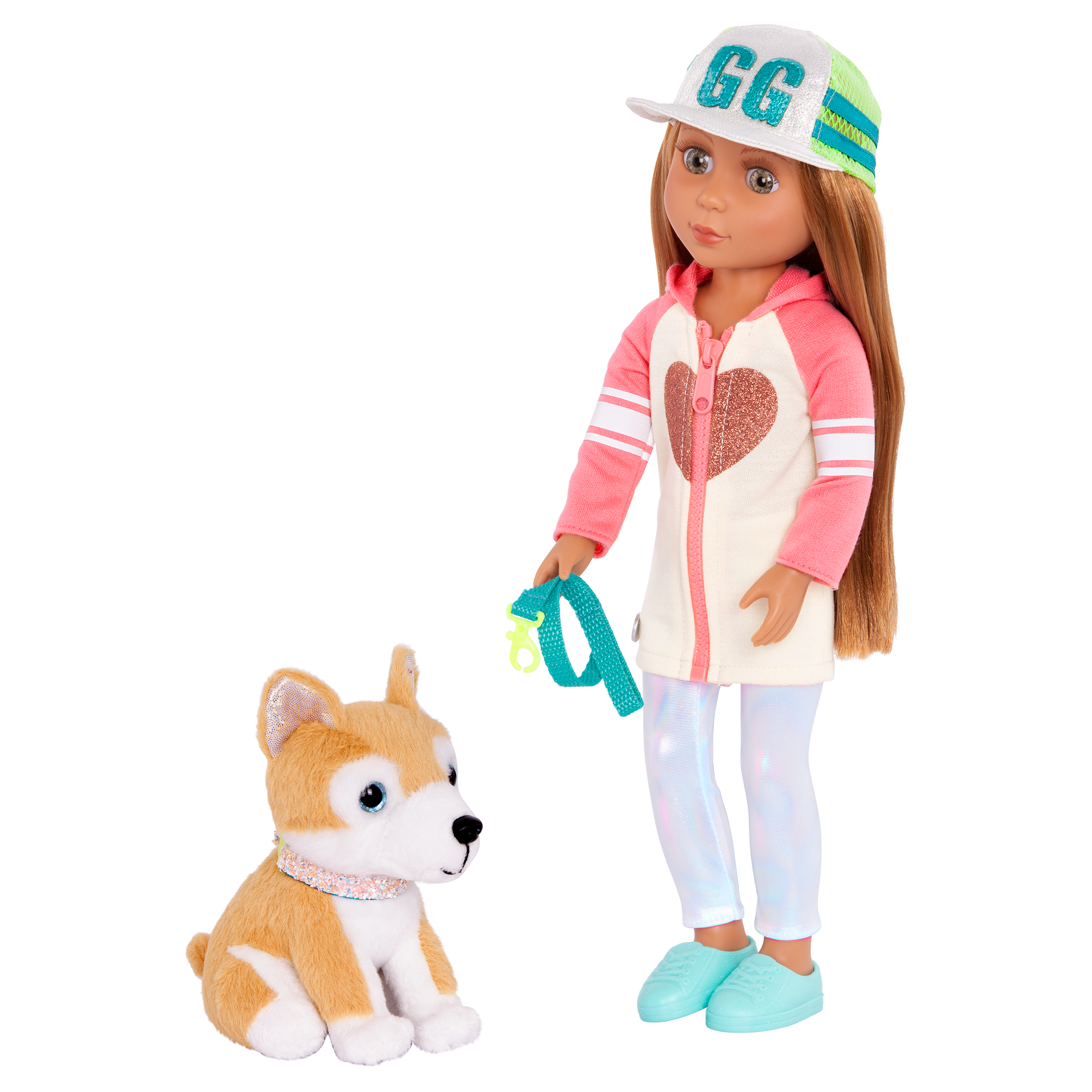 14-inch posable doll with light brown hair and green eyes walking Shiba Inu dog plushie