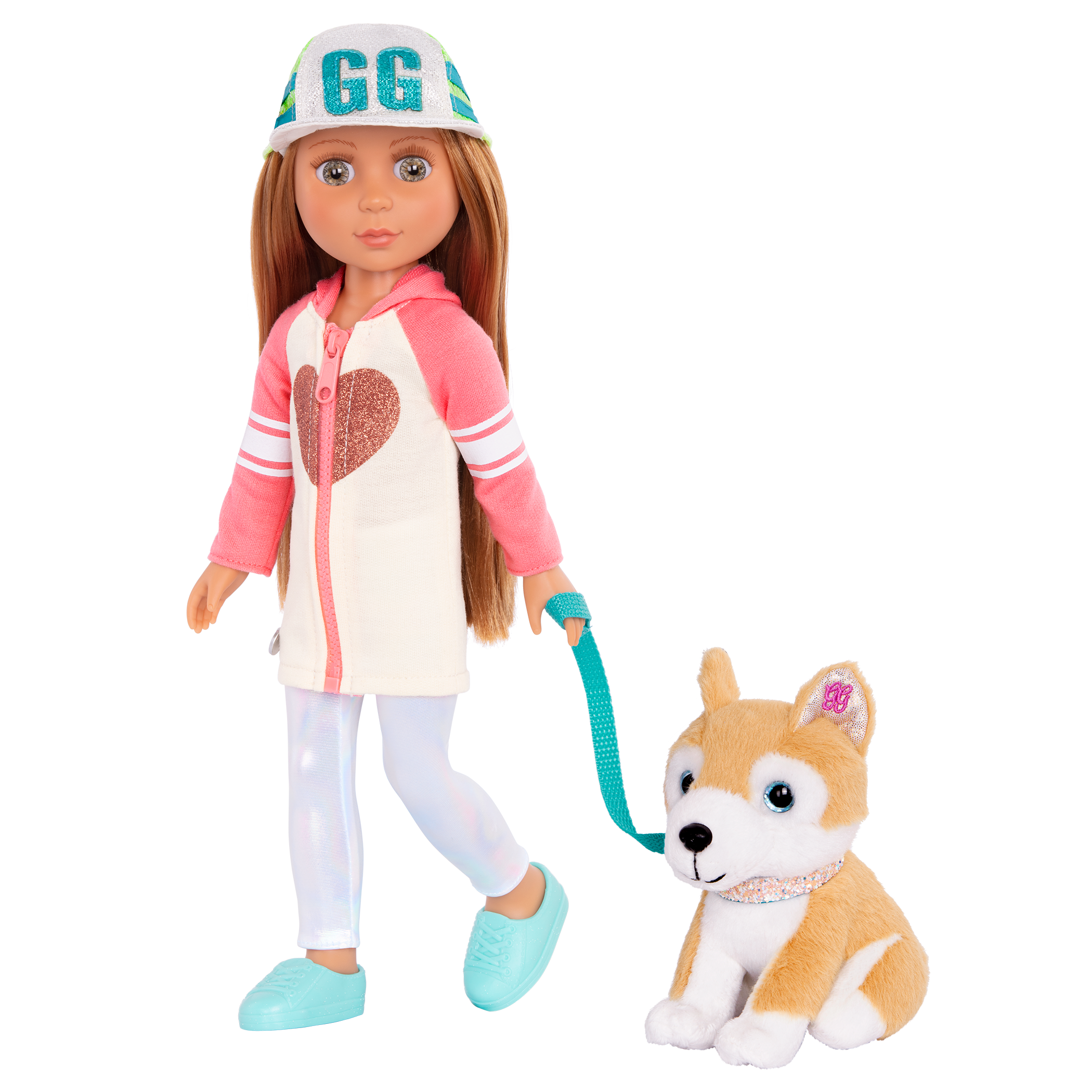 14-inch posable doll with light brown hair and green eyes walking Shiba Inu dog plushie