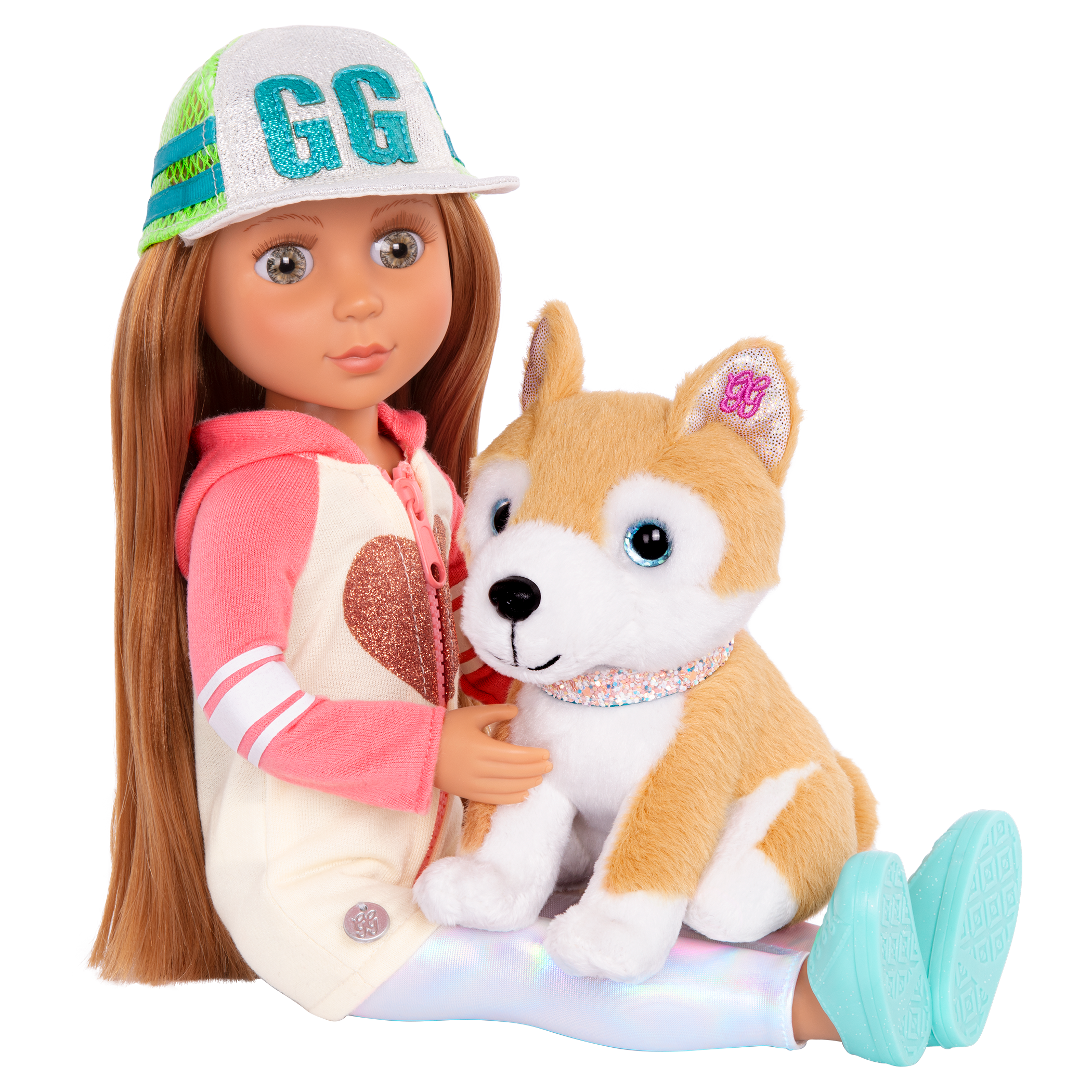 14-inch posable doll with light brown hair and green eyes walking Shiba Inu dog plushie