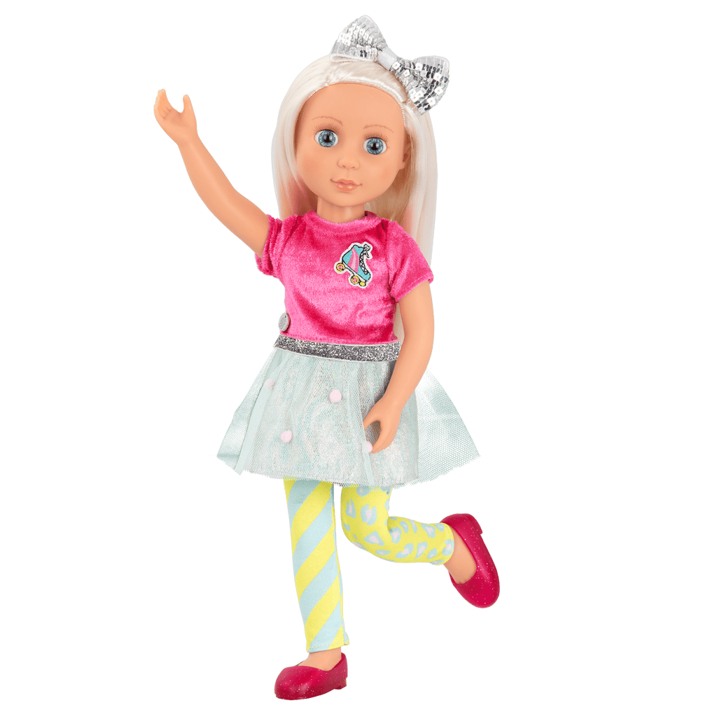 14-inch posable doll with platinum blonde hair and blue eyes