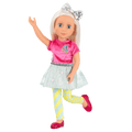 14-inch posable doll with platinum blonde hair and blue eyes