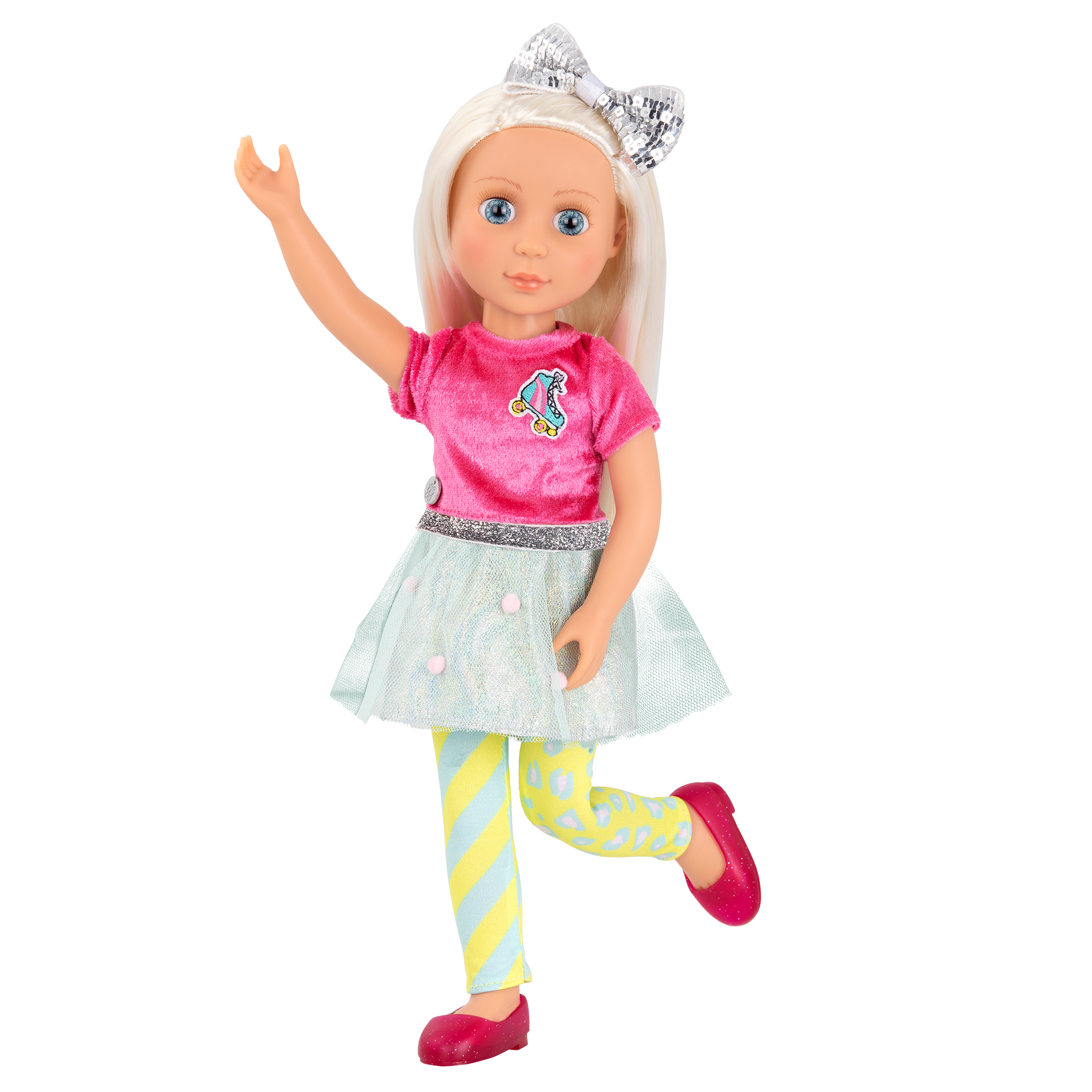 14-inch posable doll with platinum blonde hair and blue eyes