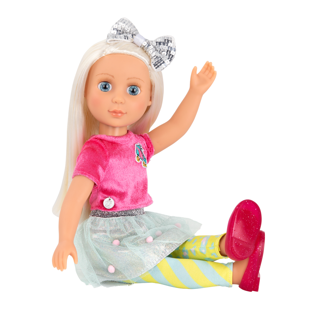 14-inch posable doll with platinum blonde hair and blue eyes