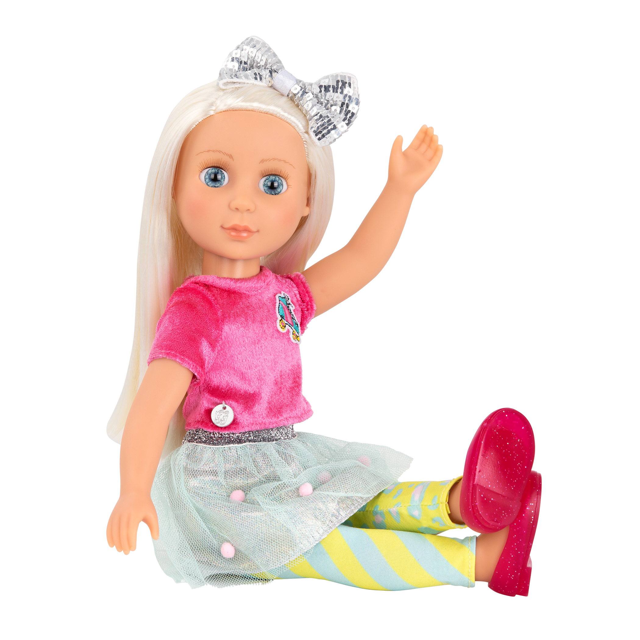 14-inch posable doll with platinum blonde hair and blue eyes