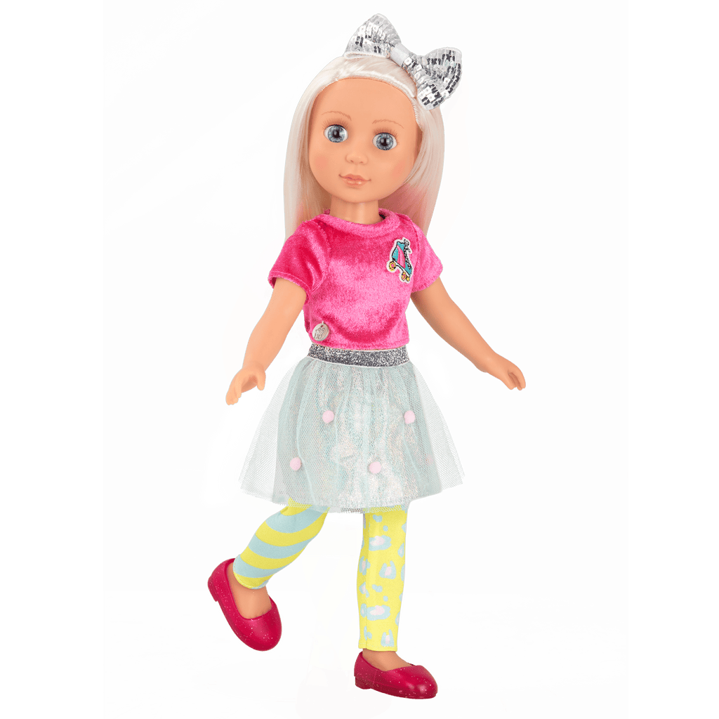 14-inch posable doll with platinum blonde hair and blue eyes