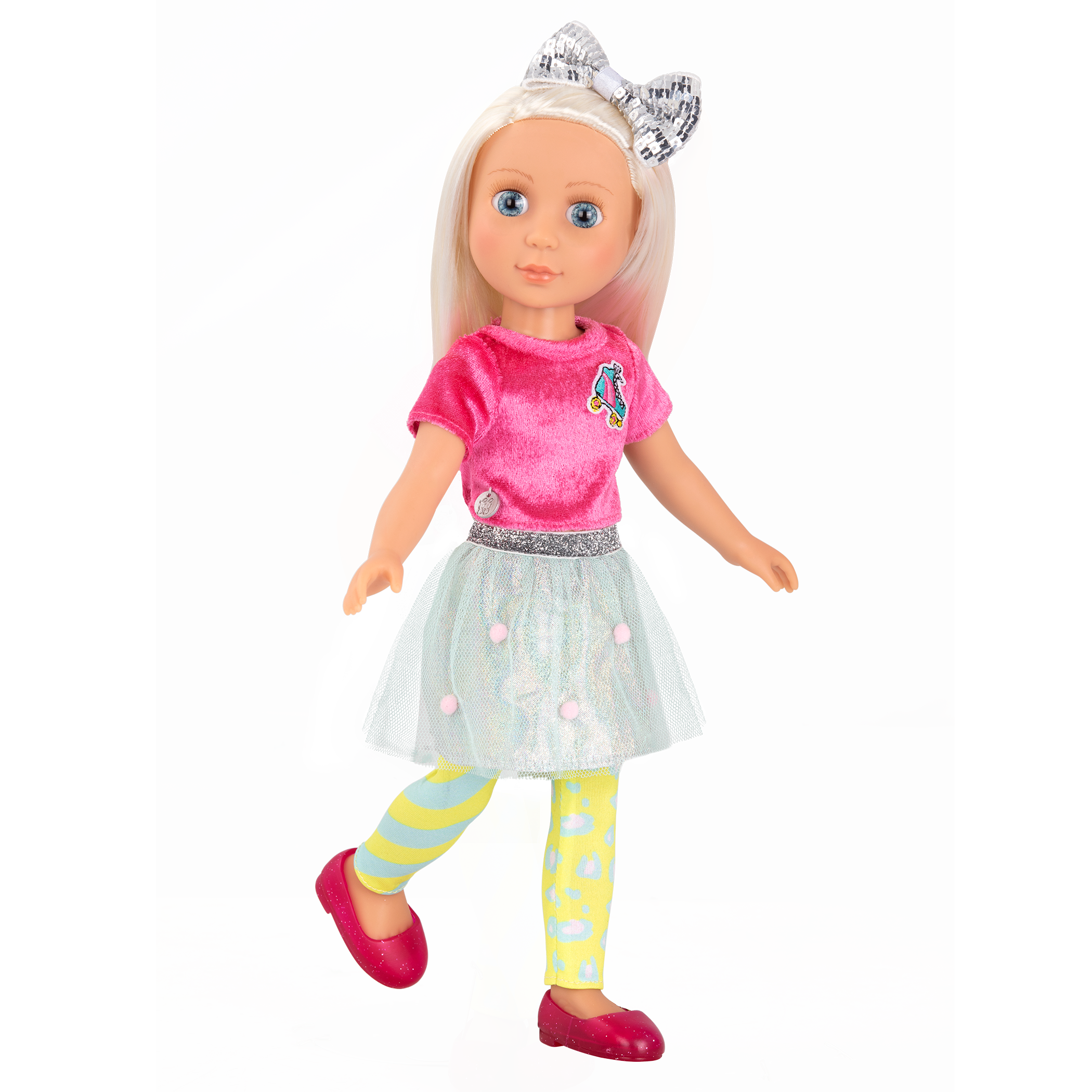 14-inch posable doll with platinum blonde hair and blue eyes