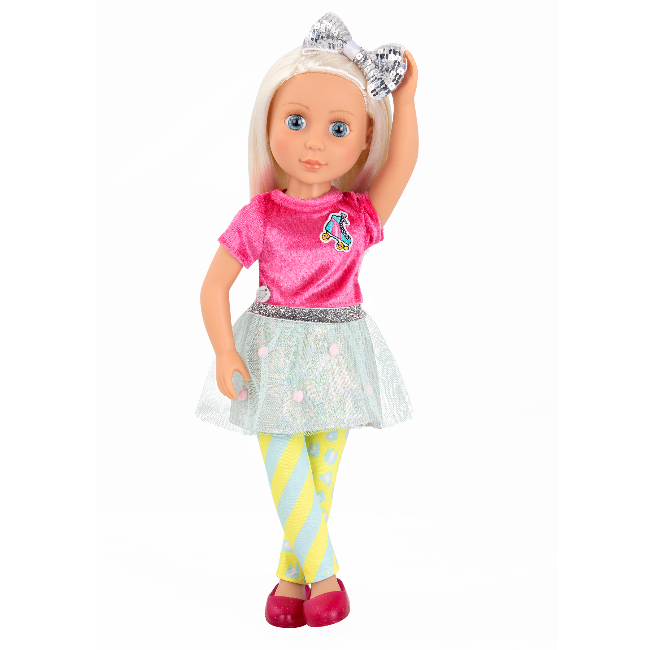 14-inch posable doll with platinum blonde hair and blue eyes