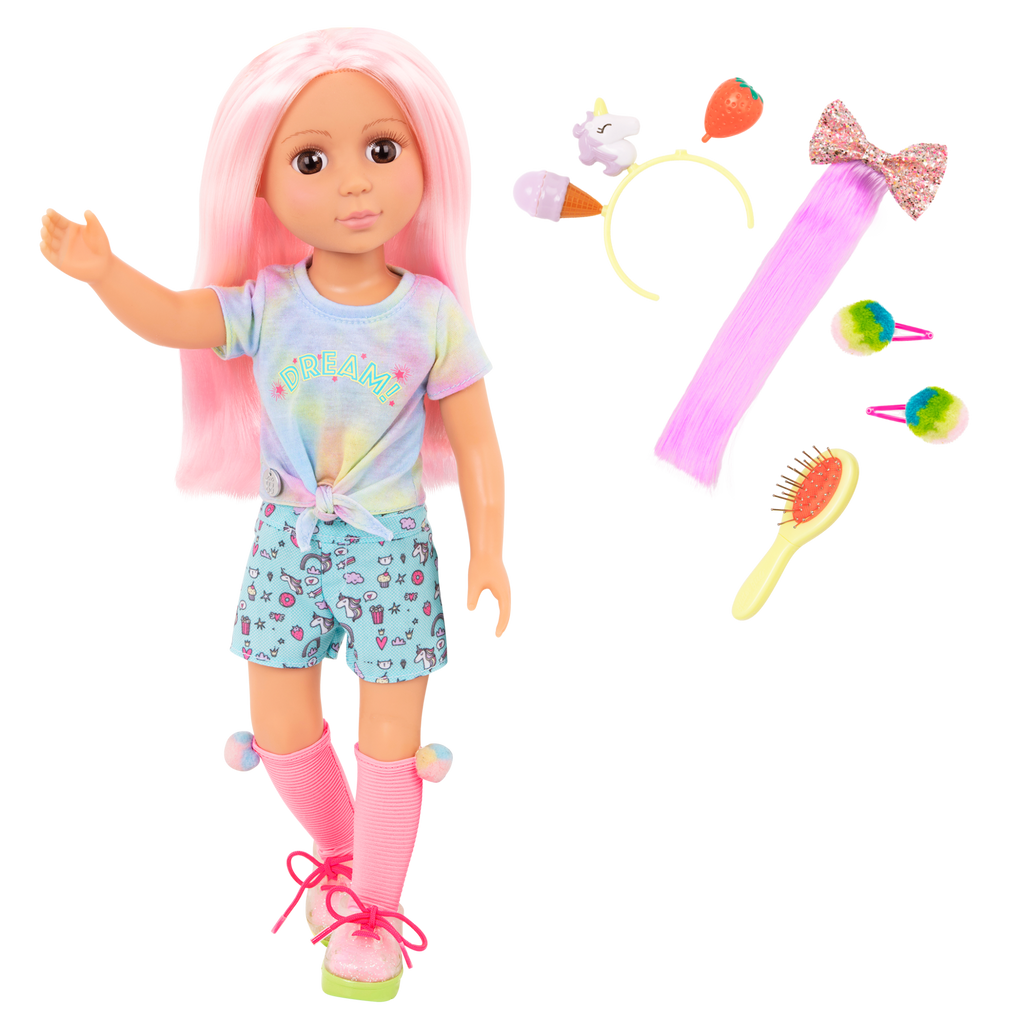 14-inch posable doll with pink hair and brown eyes with extension